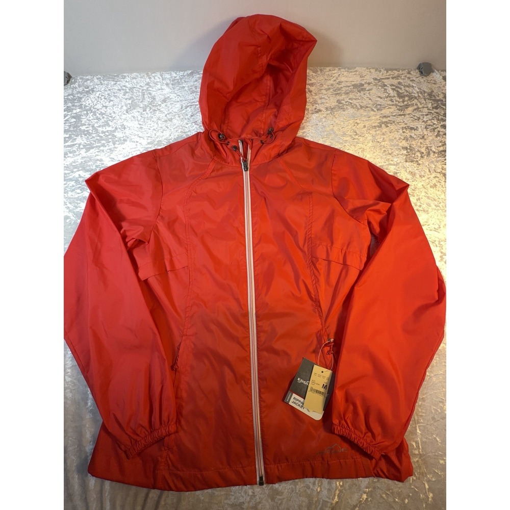 Eddie Bauer RipPac Wind Jacket Women M Red Hooded Packable Rain Outdoor NWT
